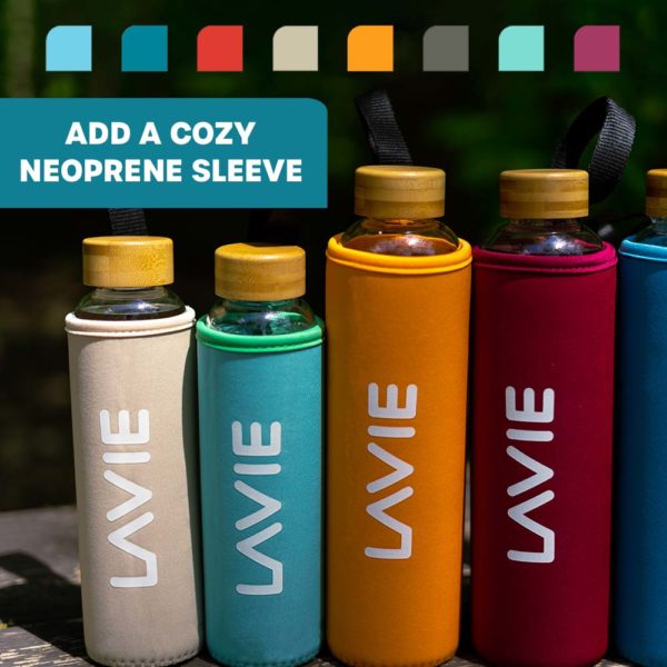 LaVie glass bottles in neoprene colored sleeves